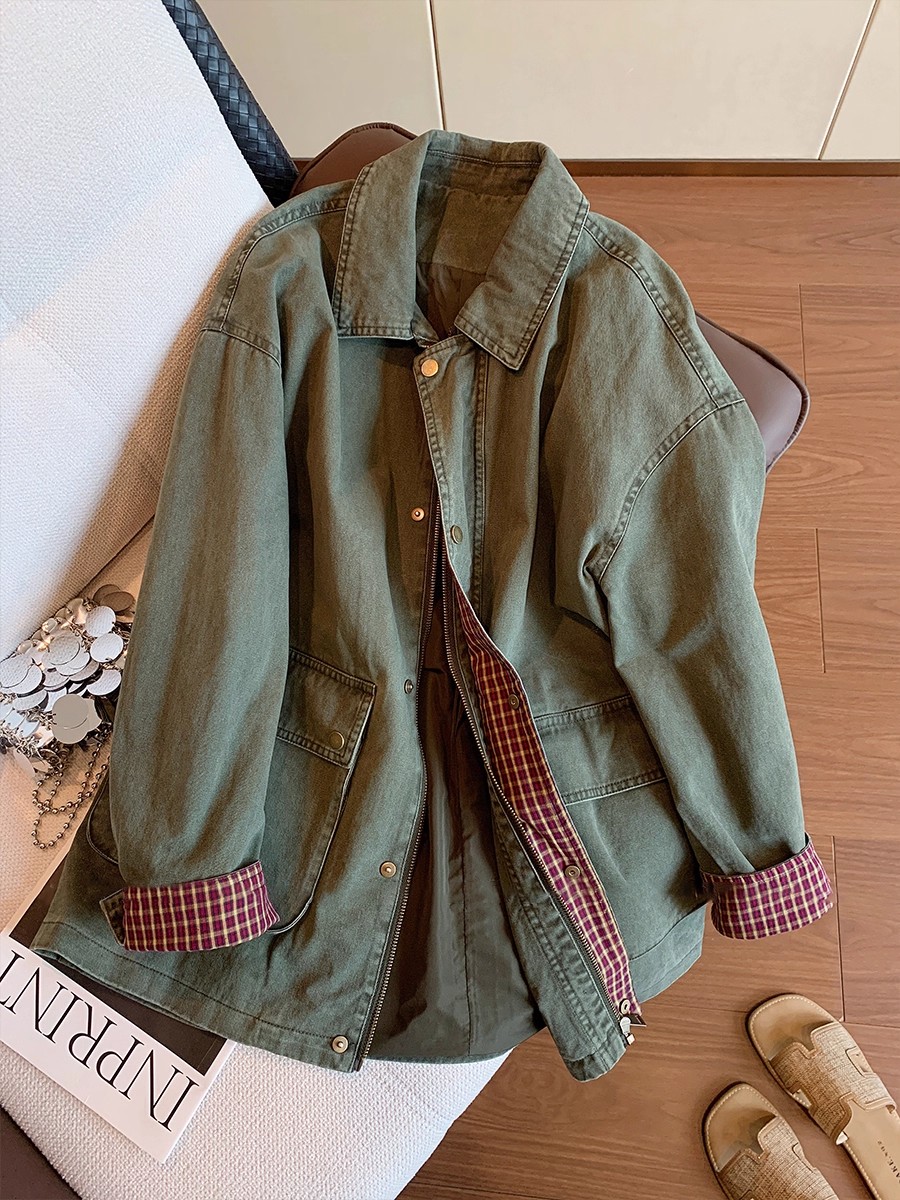 Sewing Jackets - Vintage Army Green Denim Jacket Women